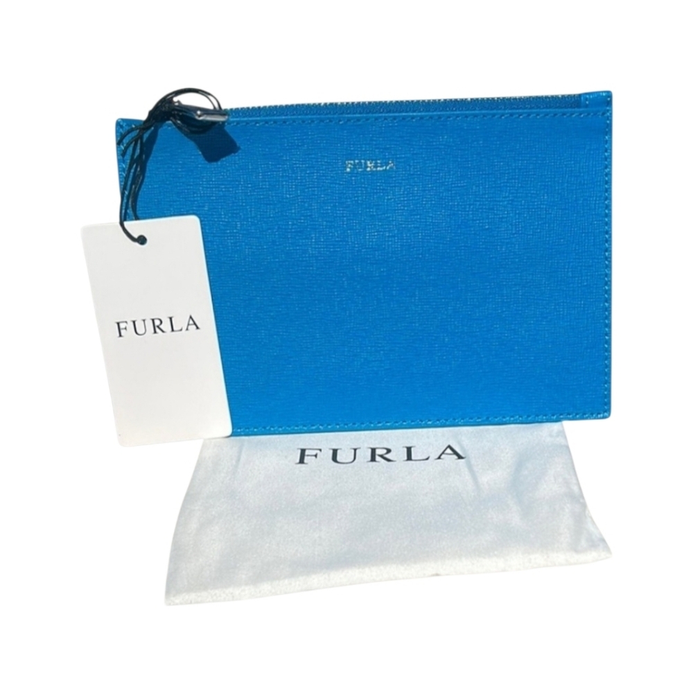 Furla NWT Lagoon Blue Leather Zip Pouch Cosmetic Case w/ Dust Bag